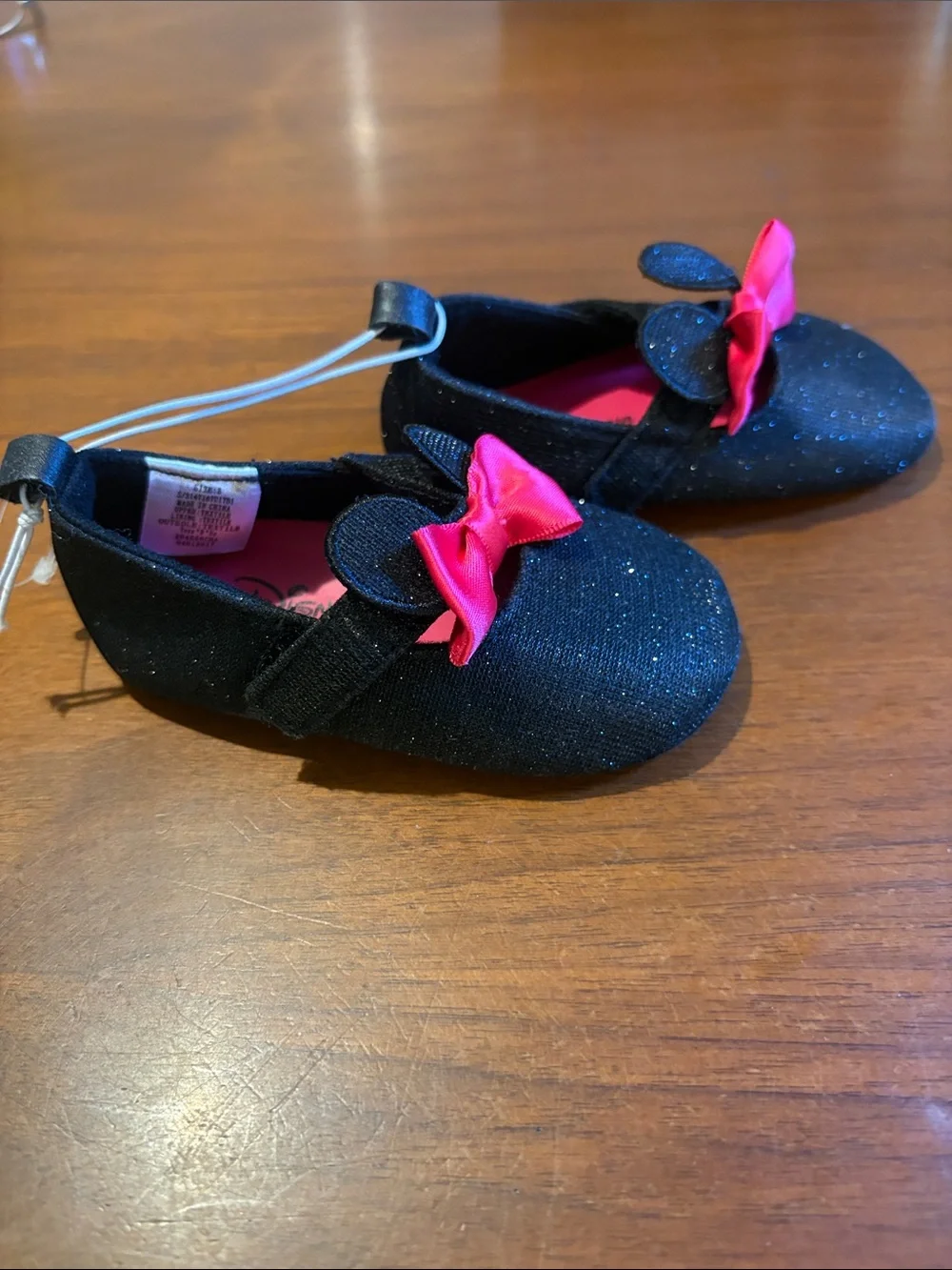 Disney Black Glitter Baby Shoes with Hot Pink Bow